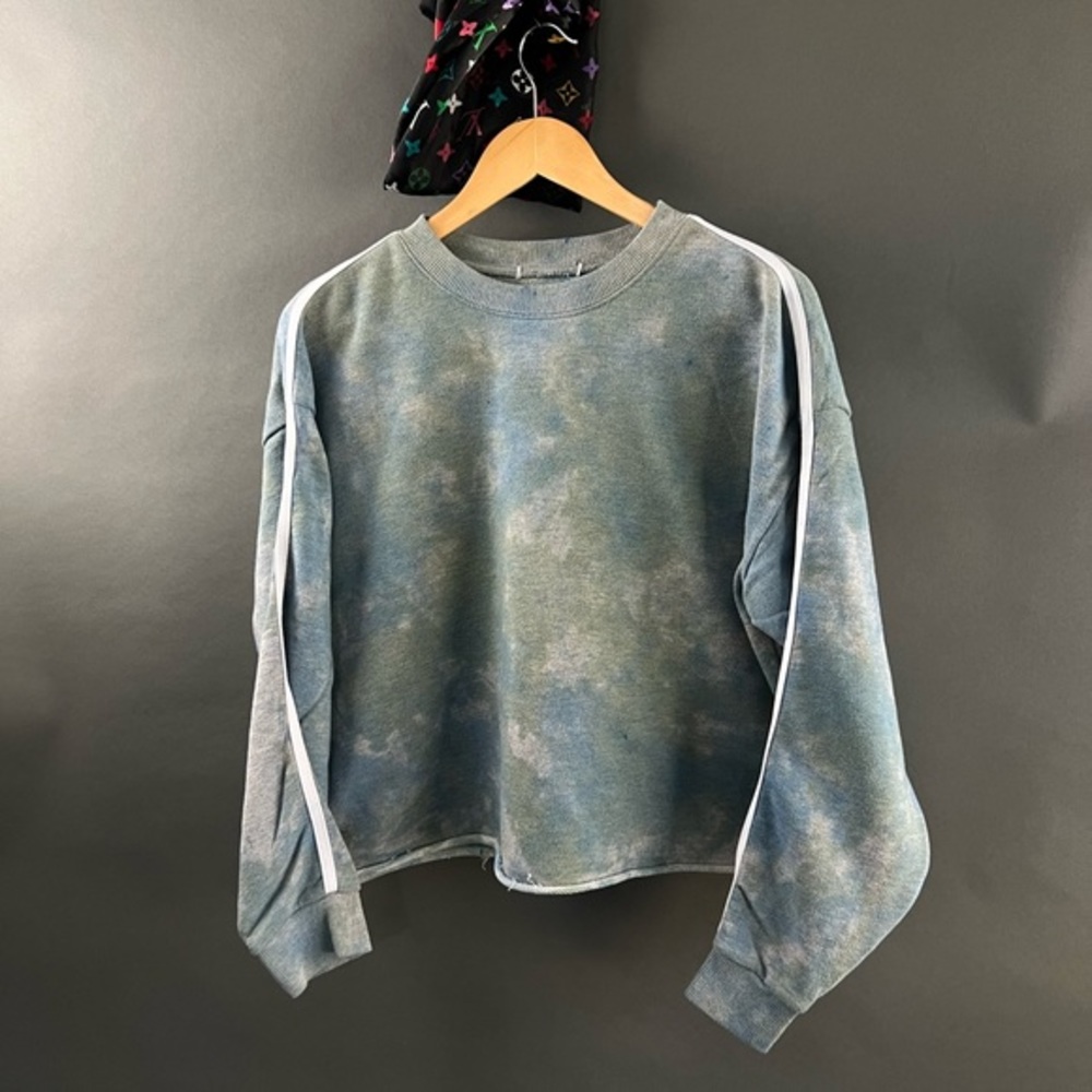 Piped Stripe Reflective Tie Dye Crop Terrycloth Sweatshirt
